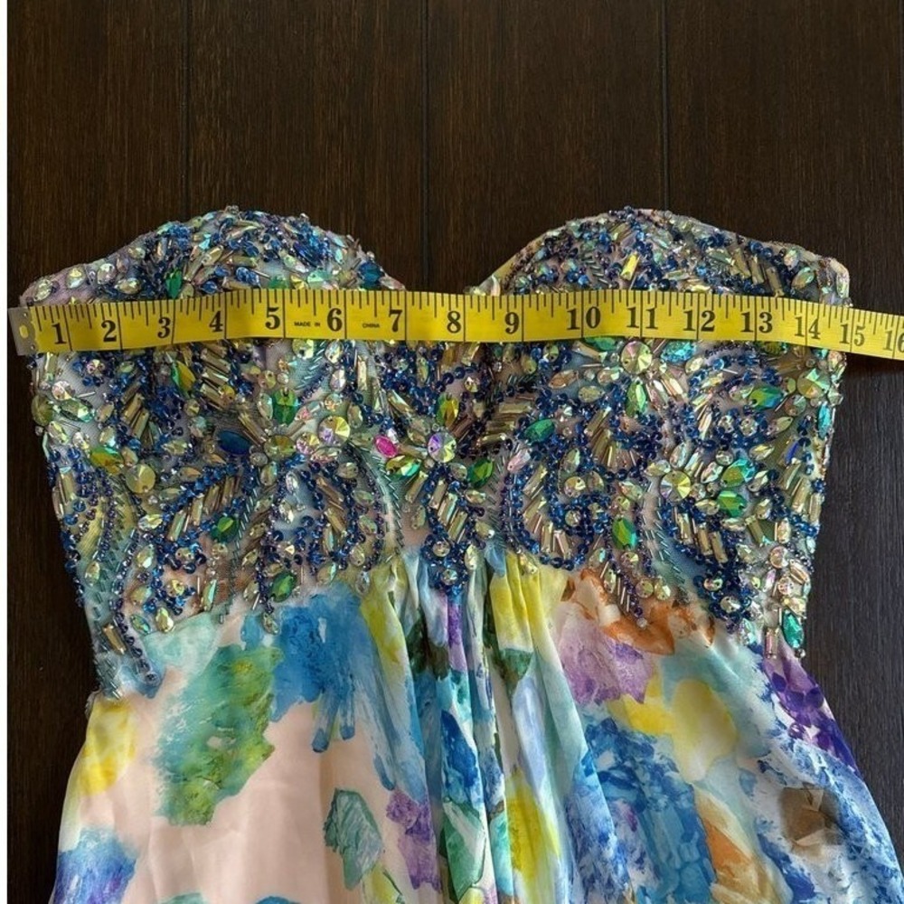 Tony Bowls Evenings Floral Beaded Strapless‎ Gown Peach Blue Watercolor Dress 2 - Picture 5 of 7